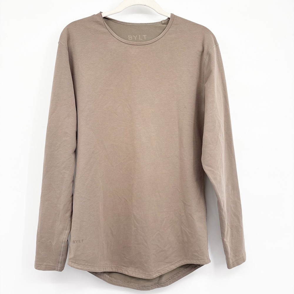 BYLT Mens Drop Cut Lux Long Sleeve Athleisure‎ Minimalist T-Shirt Tan Size L